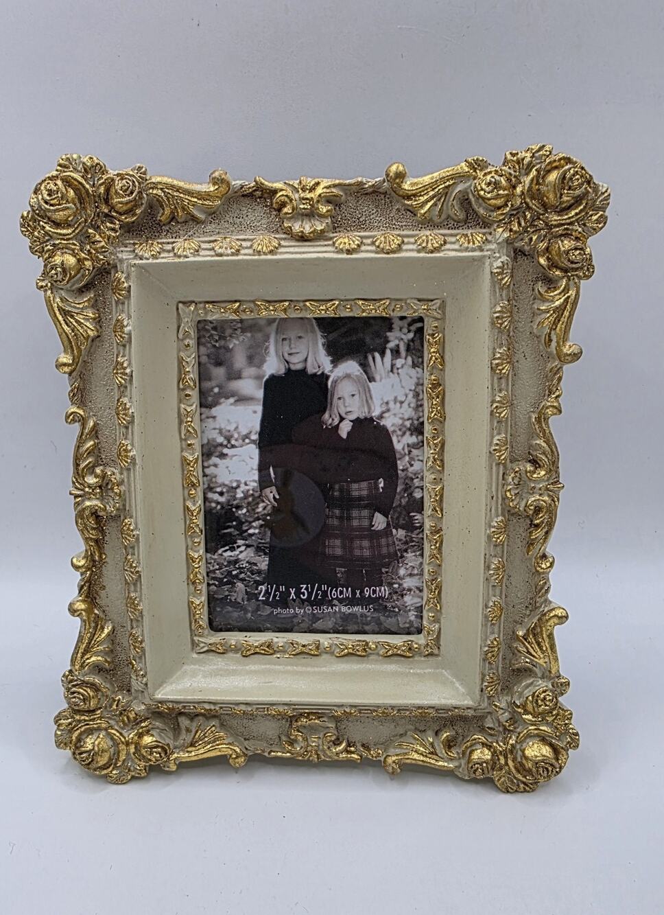 Vintage Ornate Gold Rose Picture Frame Ivory Baroque Floral 2.5 x 3.5 Photo